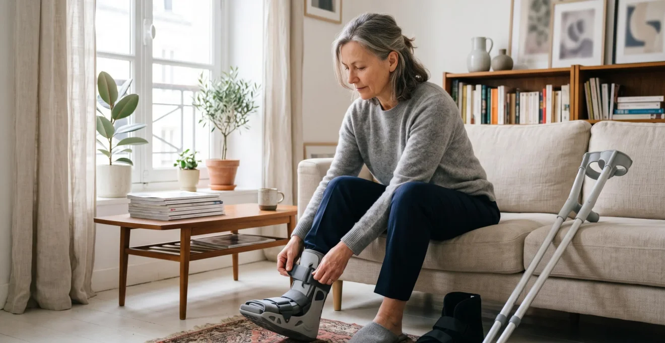 Une femme assise sur un canapé ajuste sa chaussure orthopédique post-opératoire, avec des béquilles posées à côté, dans un salon lumineux.