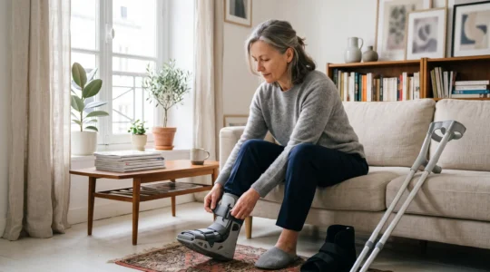 Une femme assise sur un canapé ajuste sa chaussure orthopédique post-opératoire, avec des béquilles posées à côté, dans un salon lumineux.