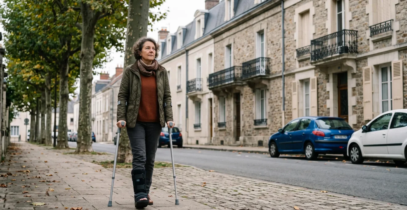 Une femme marche sur un trottoir résidentiel avec des béquilles et une botte de marche médicale à un pied.