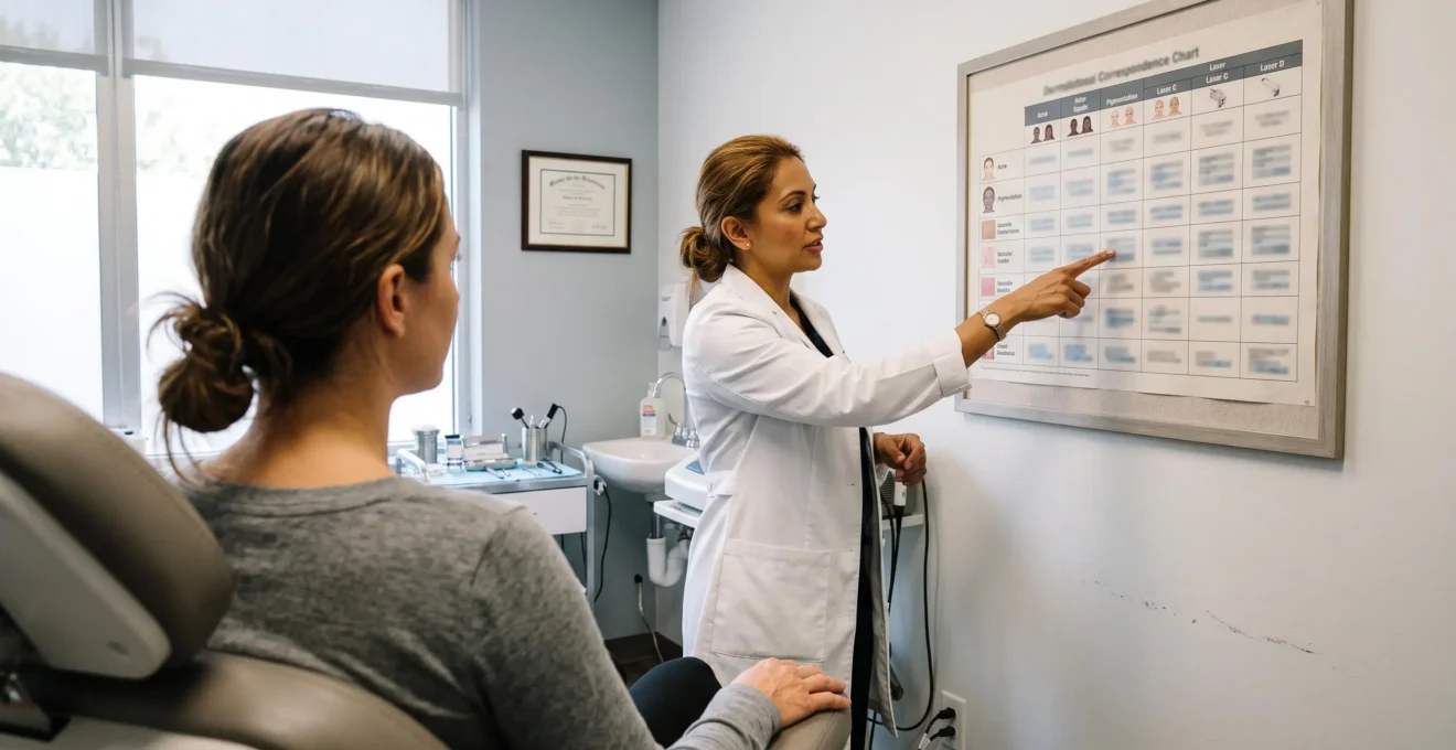 Un médecin explique à sa patiente un tableau de correspondance entre problèmes de peau et lasers.